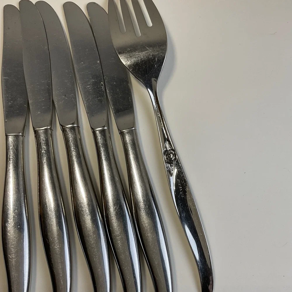 Oneida Wm A Rogers La Rose Stainless Flatware Set 5 Knives 1 Fork Vintage Floral